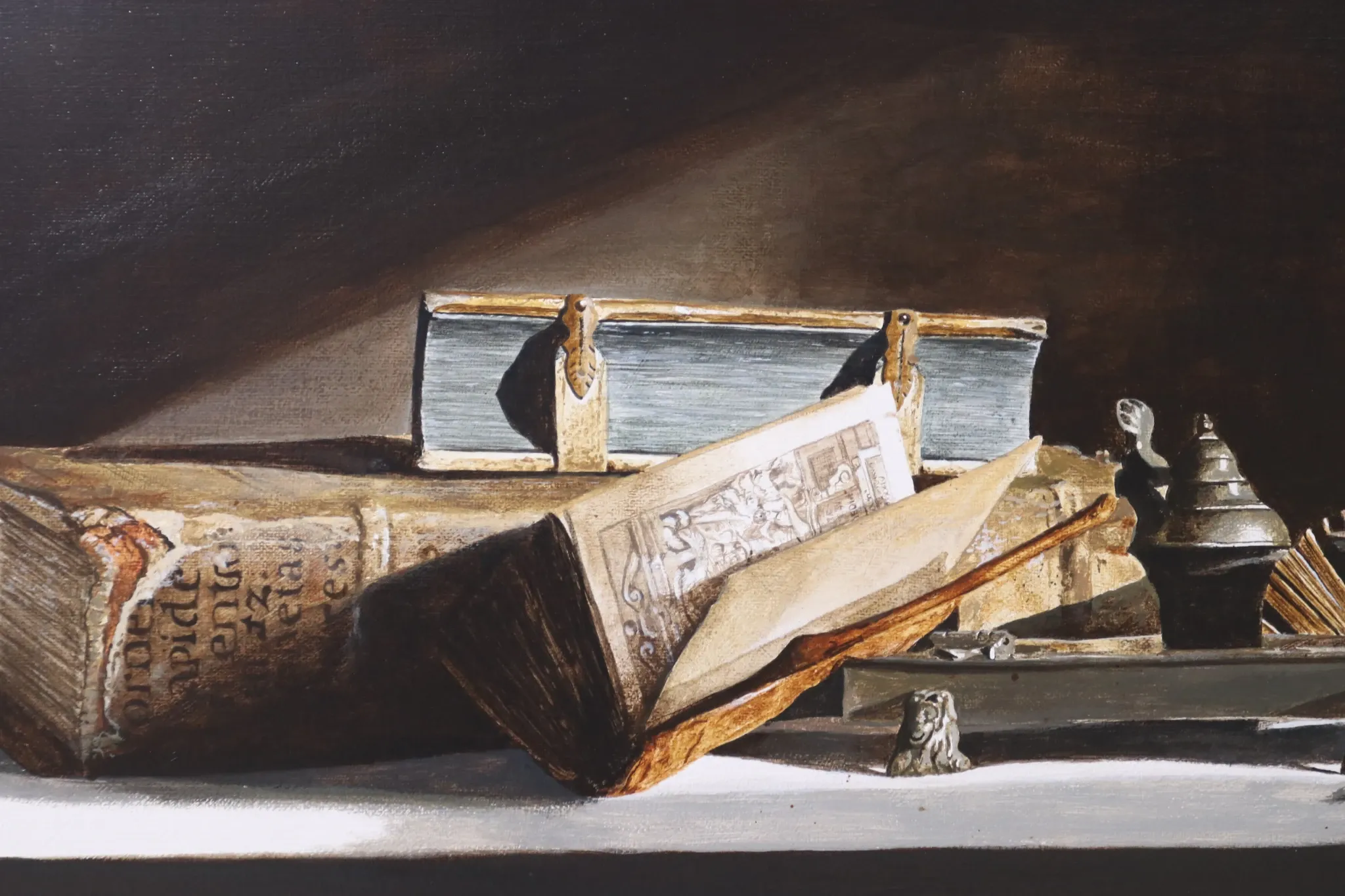 Still life with pewter inkstand and old books – Marjolein van den Berg