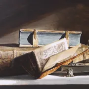 Still life with pewter inkstand and old books – Marjolein van den Berg