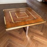 Coffee table in elm burl and brass vintage 1970s
