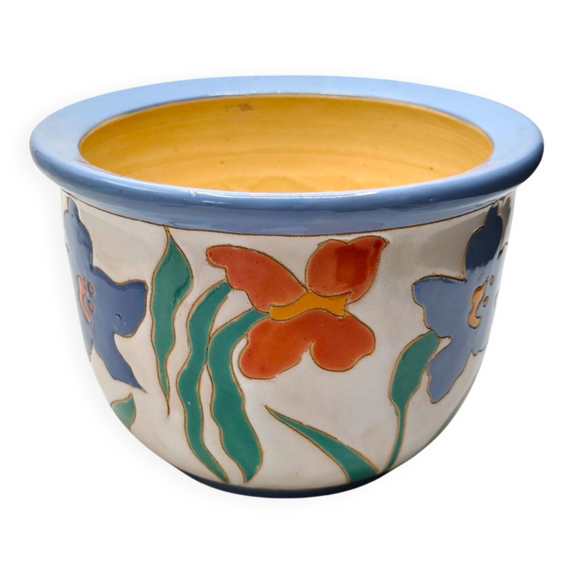 Handmade Studio Pottery Flower Pot - Colorful Relief Decoration, Signed