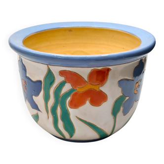 Handmade Studio Pottery Flower Pot - Colorful Relief Decoration, Signed