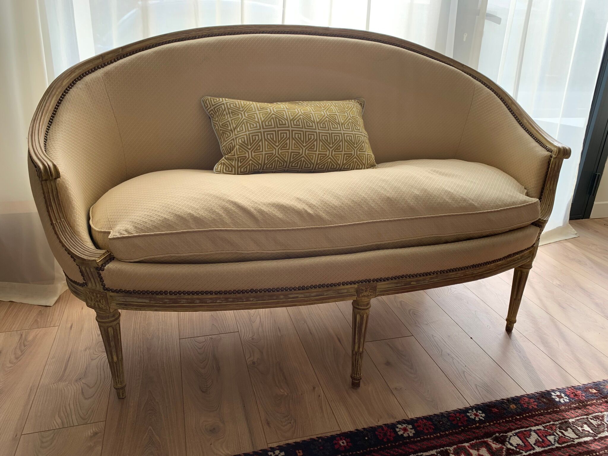 Louis XVI style patinated wooden basket sofa. Pierre Frey fabric. 19th century