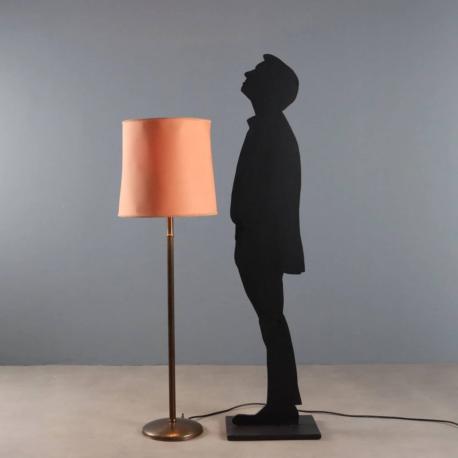Lampadaire vintage en laiton avec abat-jour en tissu, hauteur réglable, design années 1950