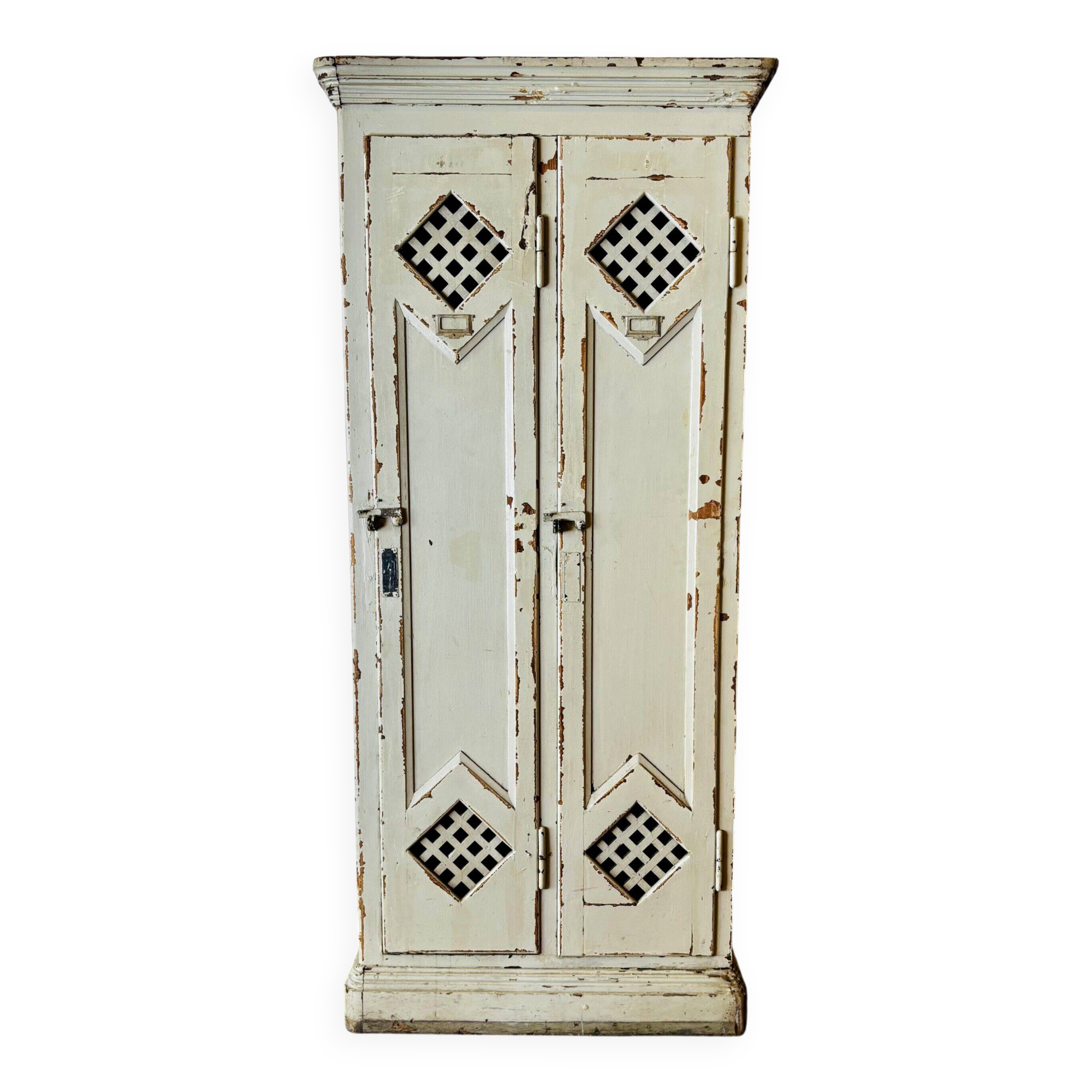 Old factory lacquered pine locker from early 20th century France.