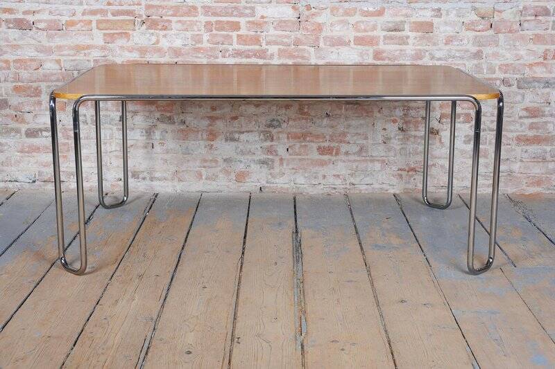 Bauhaus Dining Table, attributed to R. Slezák, Chrome, Polished Oak, Czech, 1930s