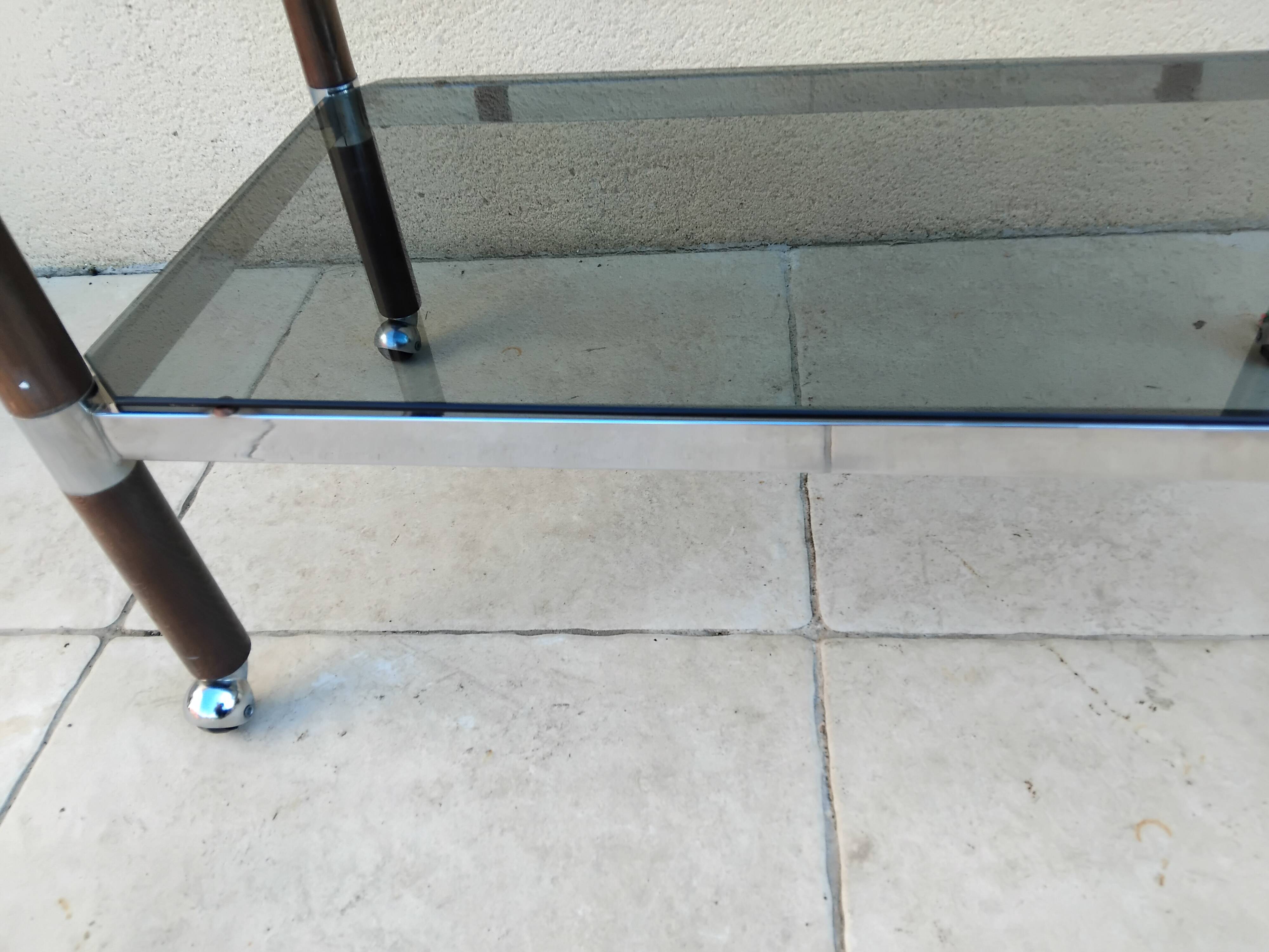 Vintage wooden serving trolley with smoked glass, chrome metal and wood