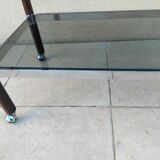 Vintage wooden serving trolley with smoked glass, chrome metal and wood