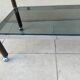 Vintage dessert table in wood, smoked glass, chrome metal, and wood.