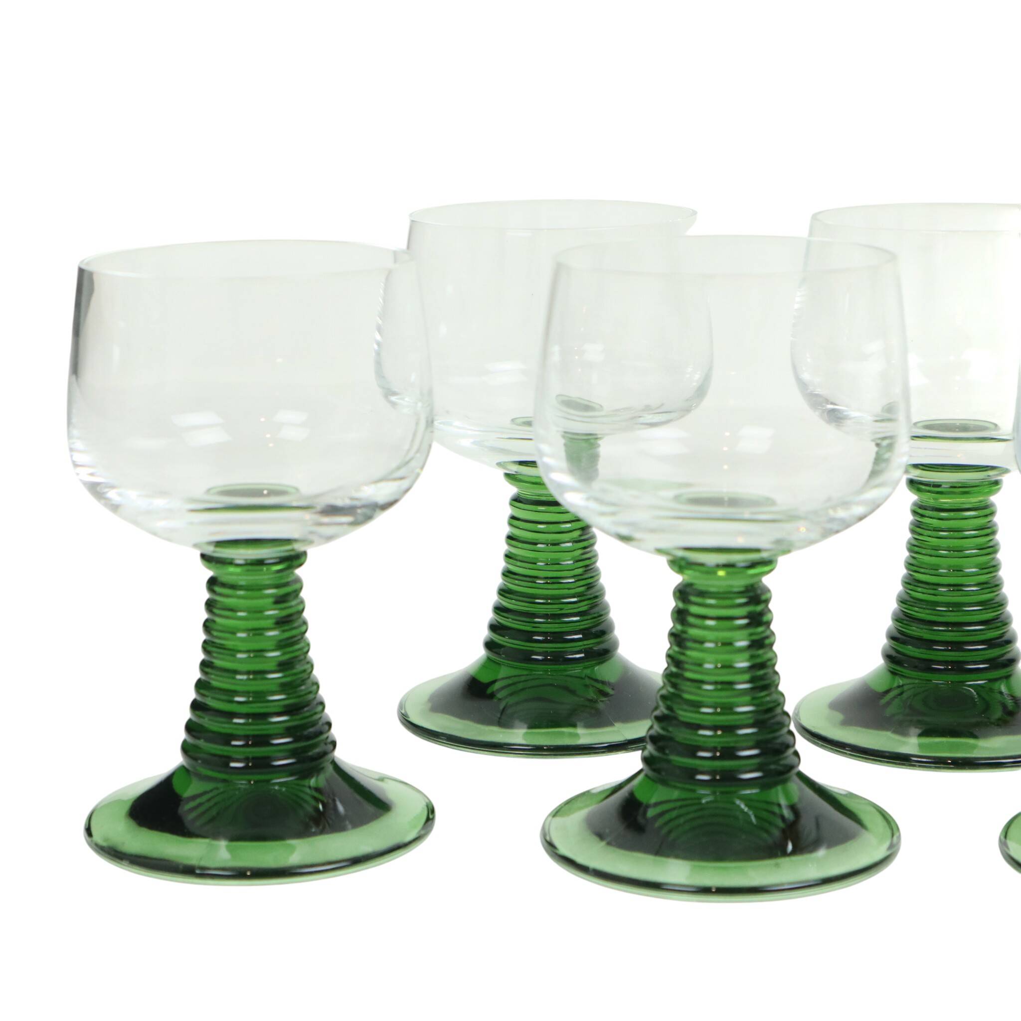 Set of 10 Vintage Roemer Wine Glasses Green Ribbed Foot