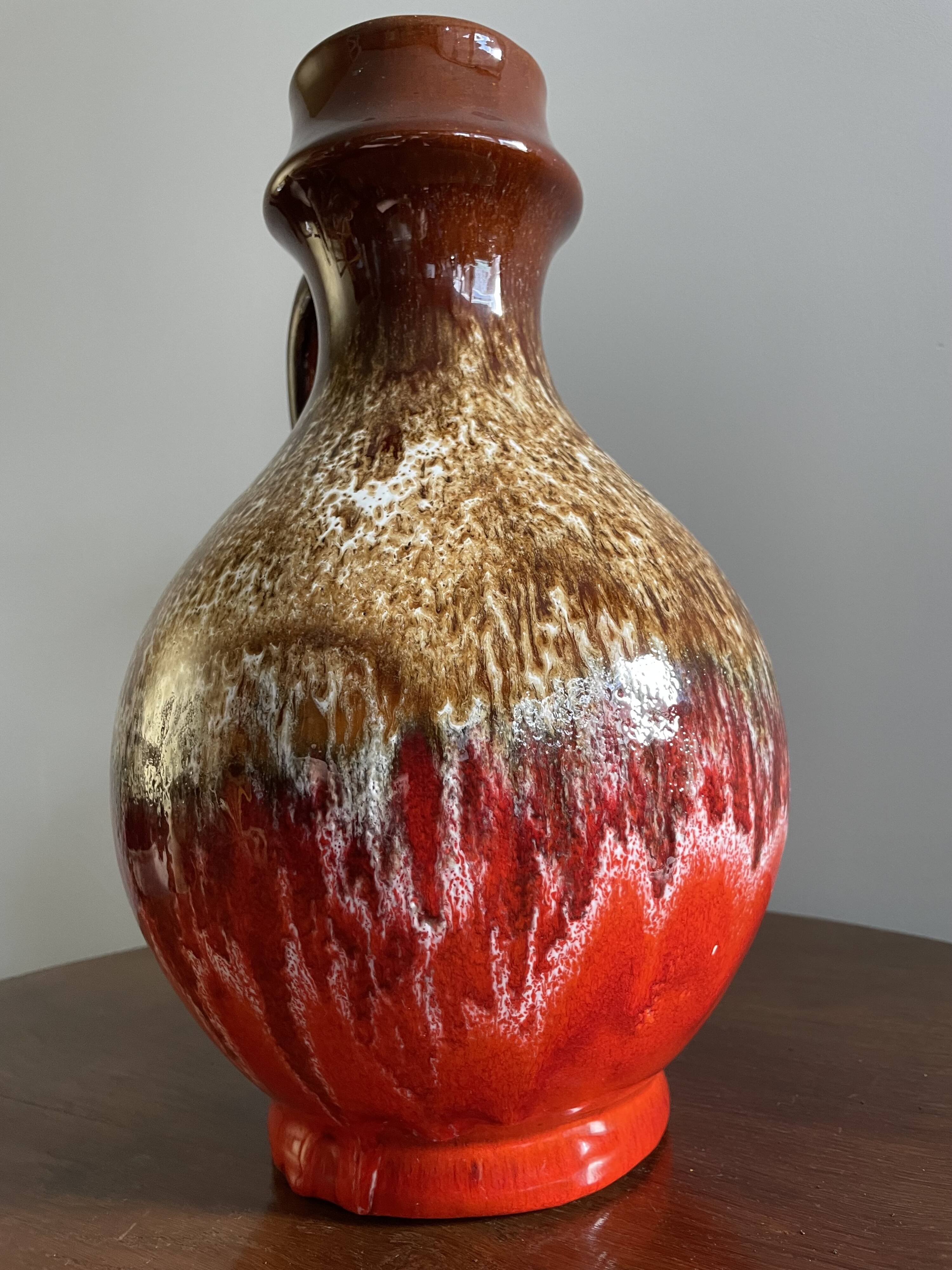 Bay Keramik red, brown and white fat lava handled vase West Germany