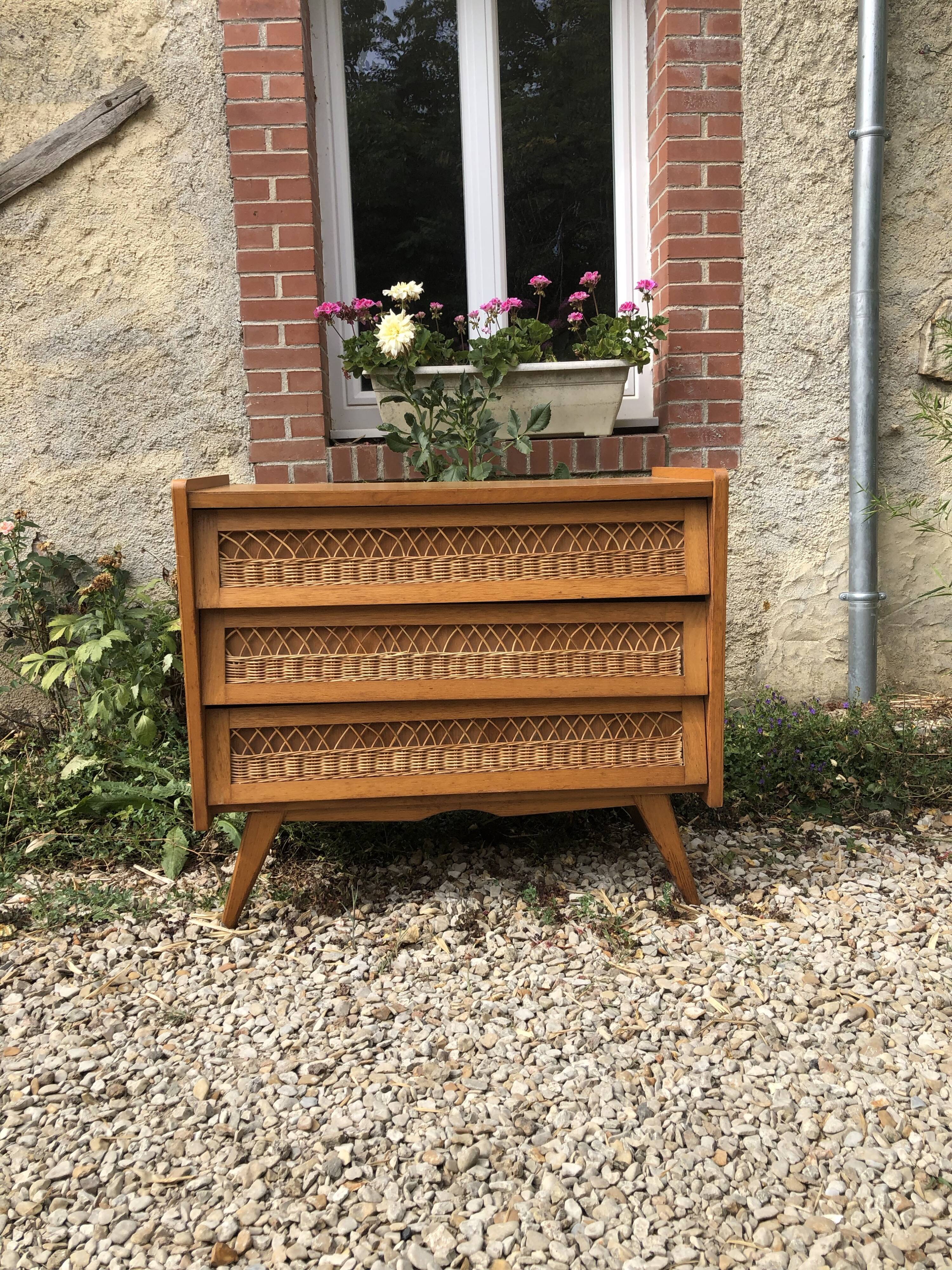 Wooden and rattan chest of drawers