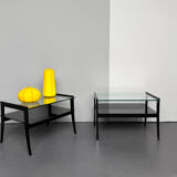 Pair of bedside tables, bedside consoles, black lacquer with glass tops, Italy, 1970s