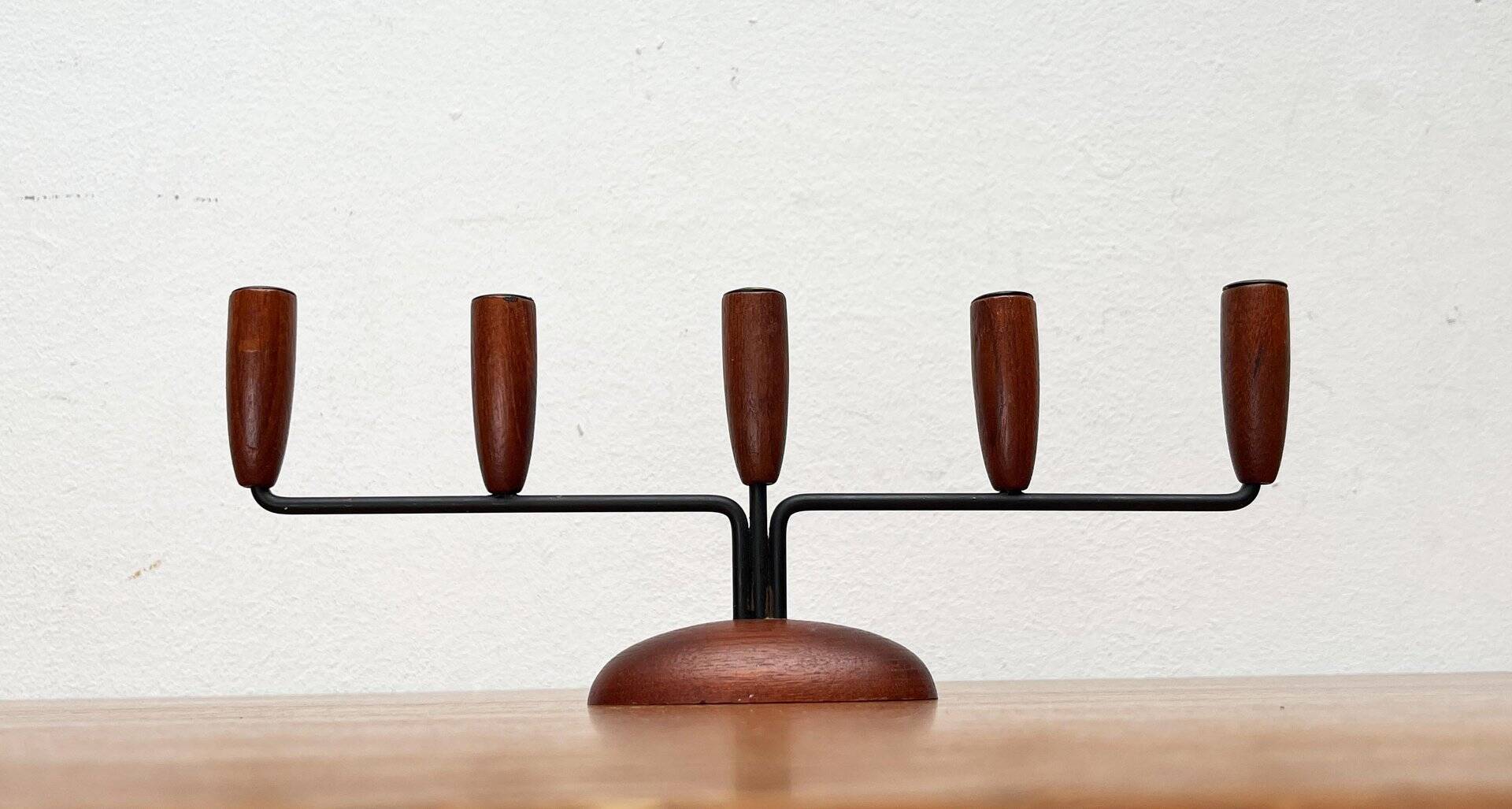Teak candlestick in mid-century Danish string style, 1960s.