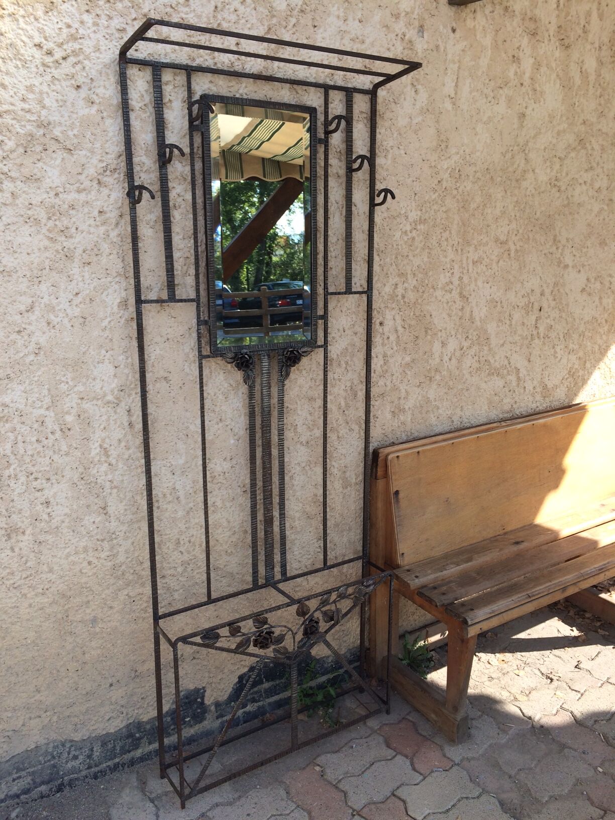 Old Art Deco coat rack in hammered iron