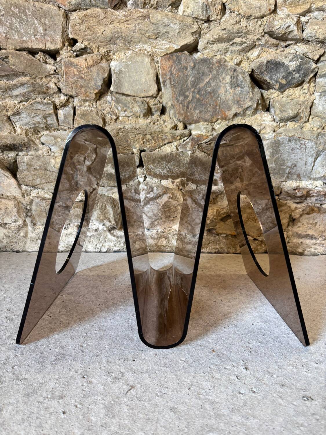 Smoked Plexiglas magazine rack by Michel Dumas for Roche Bobois 1970