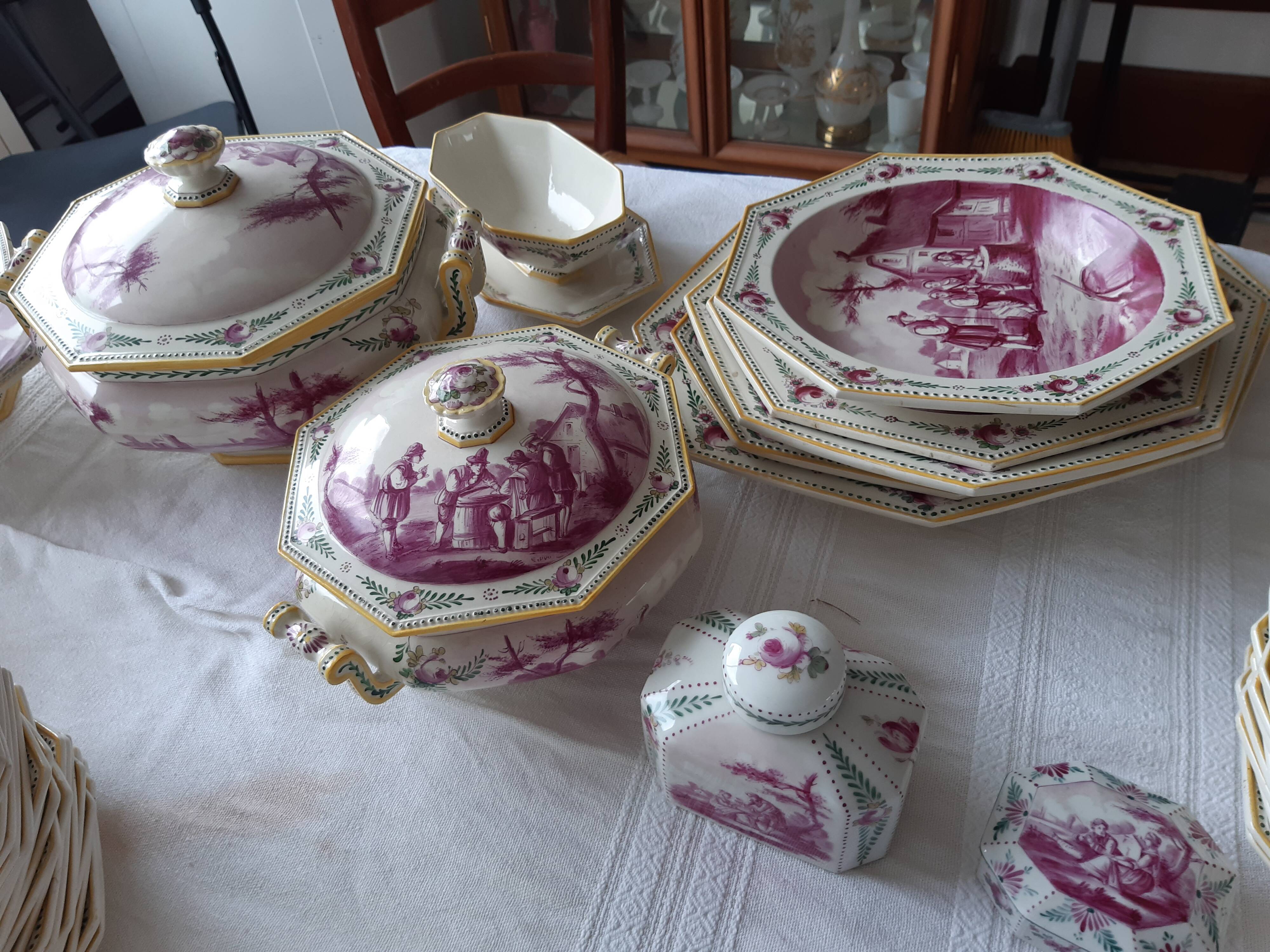 18th century antique hand-painted tableware set from Tournay