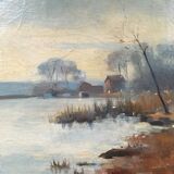 Tableau ancien paysage lacustre