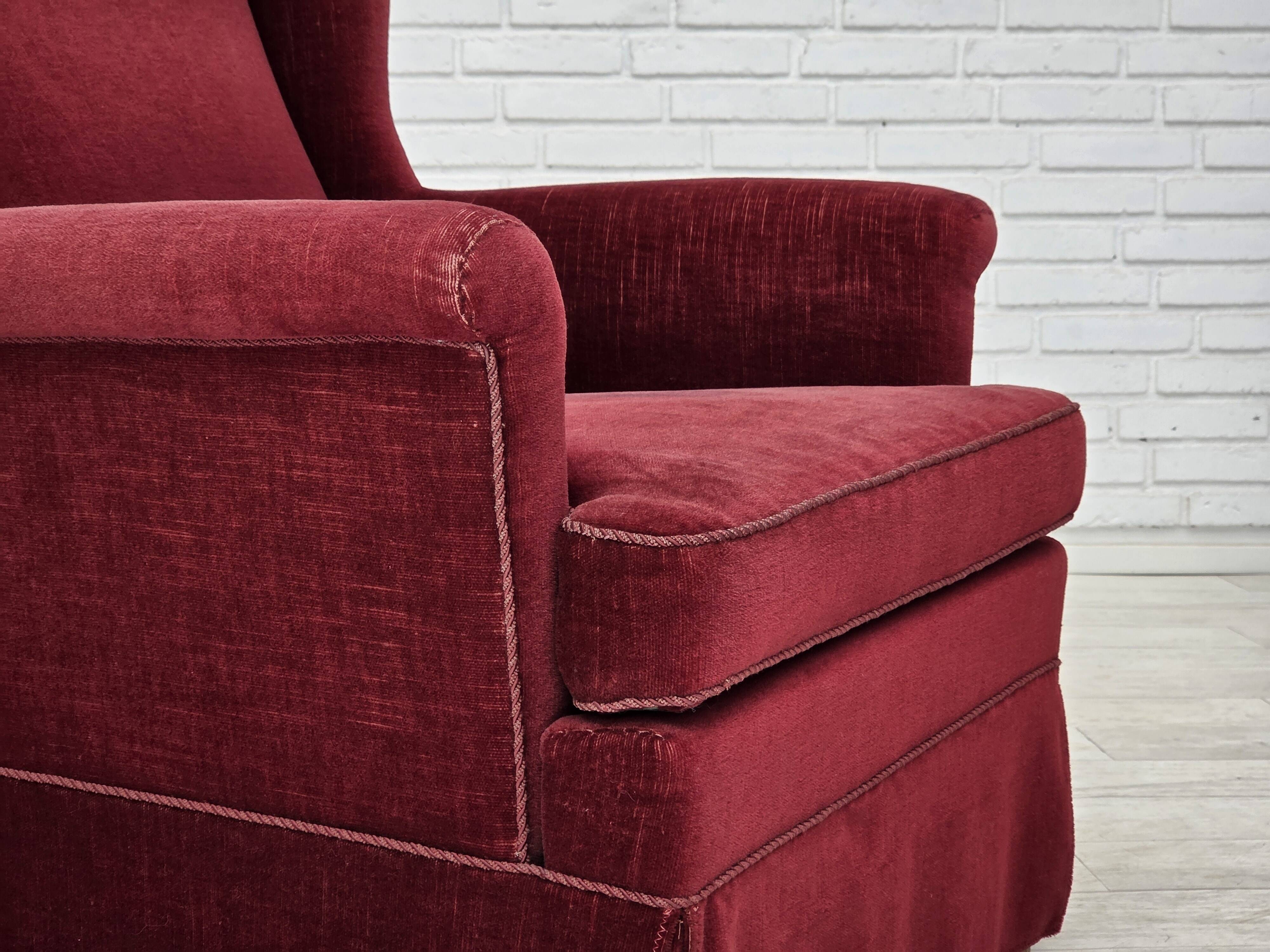 1970s, Danish highback chair, cherry-red furniture velour, ash wood legs.