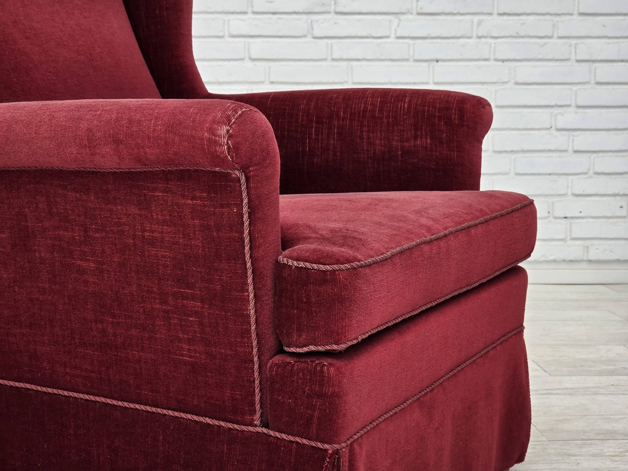 1970s, Danish highback chair, cherry-red furniture velour, ash wood legs.