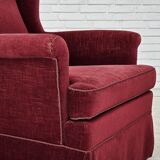 1970s, Danish highback chair, cherry-red furniture velour, ash wood legs.