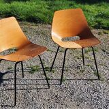 Pair of tonneau chairs by Pierre Guariche plywood base tubes 1954