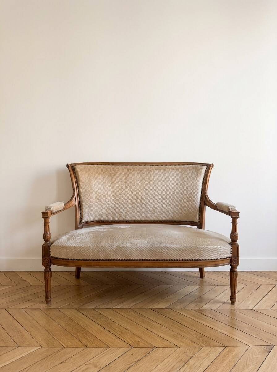 Louis XVI style antique canapé in wood and beige fabric.