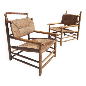 Pair armchairs straw and wood