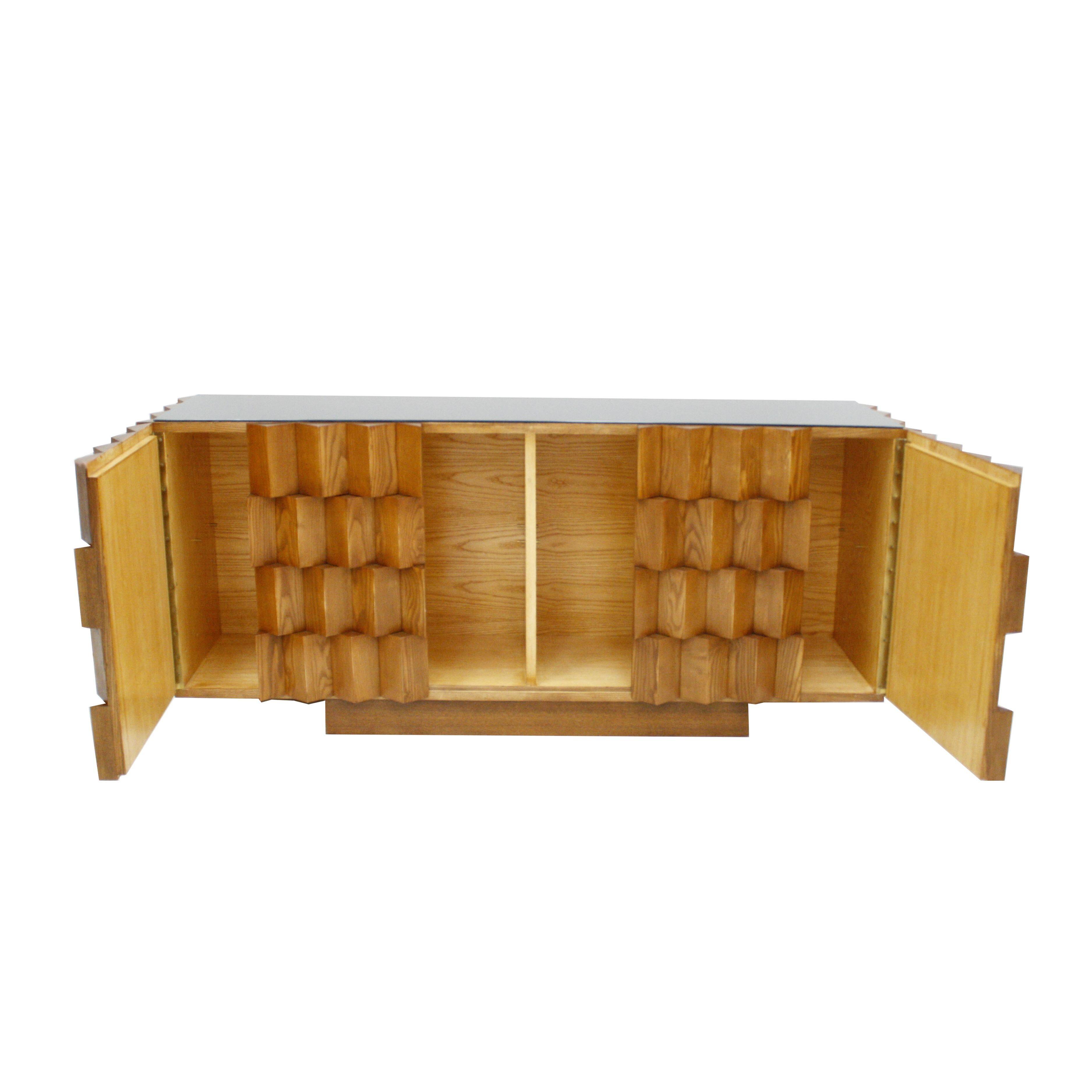 Mid-Century Modern Style Oak Wood and Black Glass Italian Sideboard