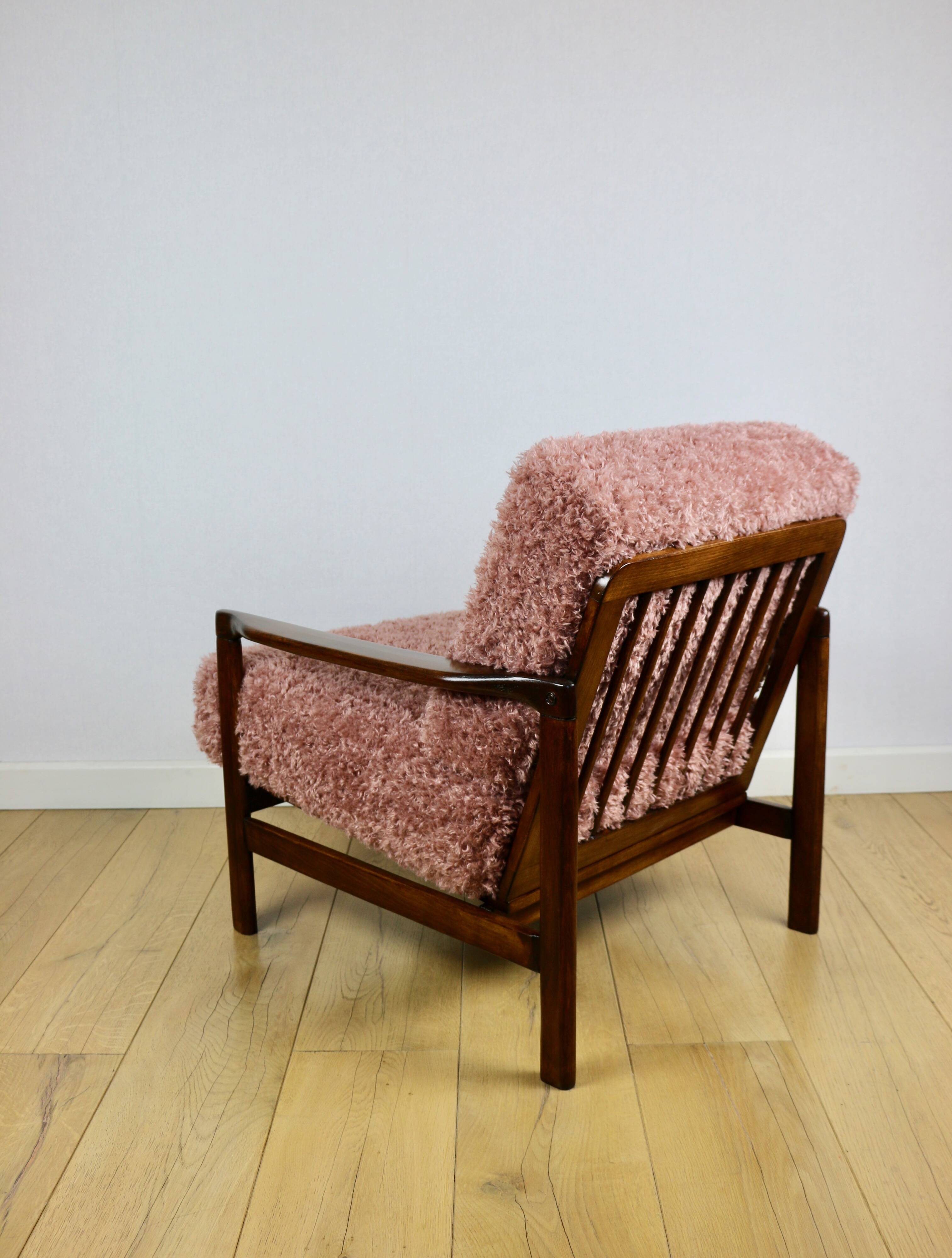 Wooden vintage brown armchair pink long hair proj. Z. Bączyk - 2 pieces available