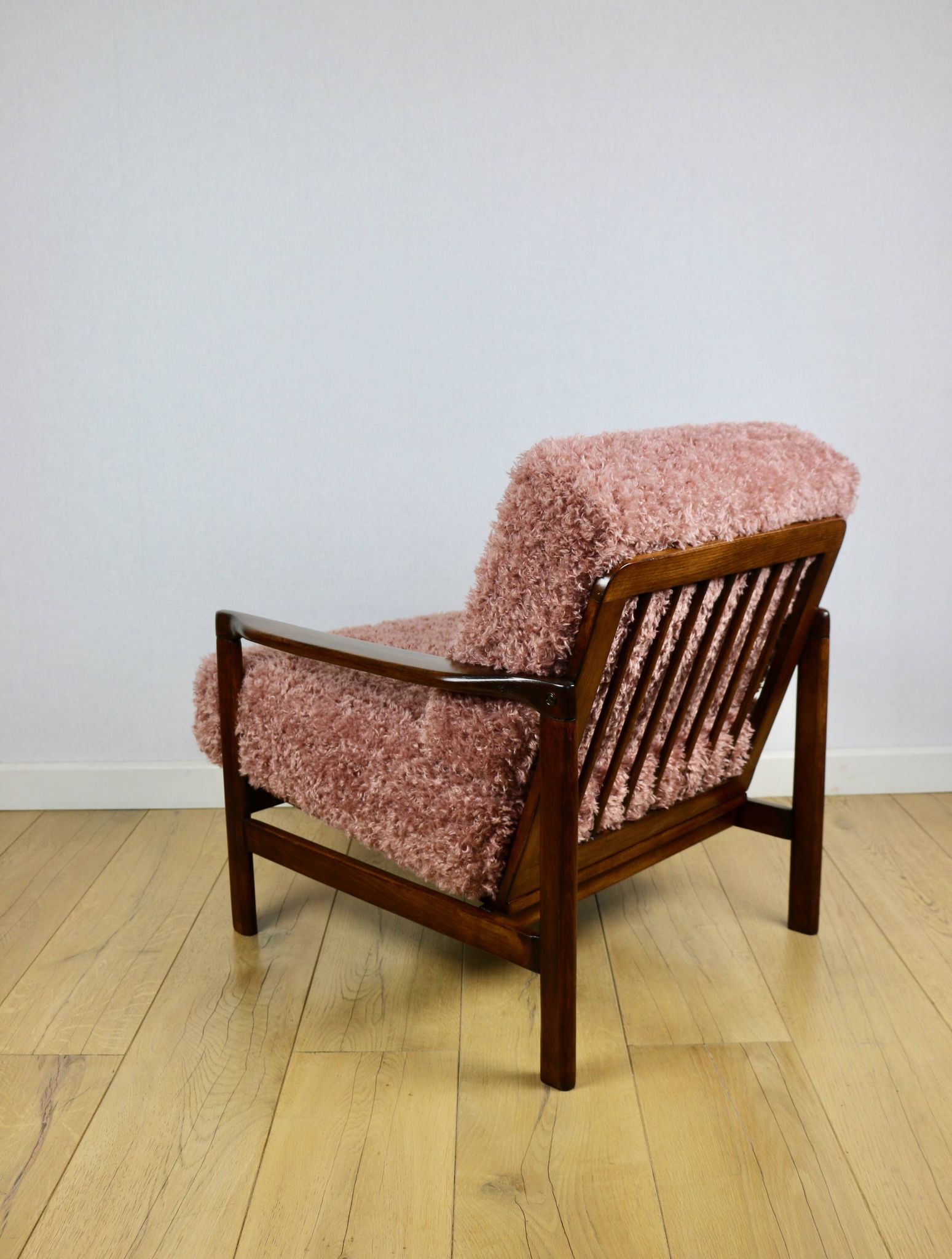 Wooden vintage brown armchair pink long hair proj. Z. Bączyk - 2 pieces available