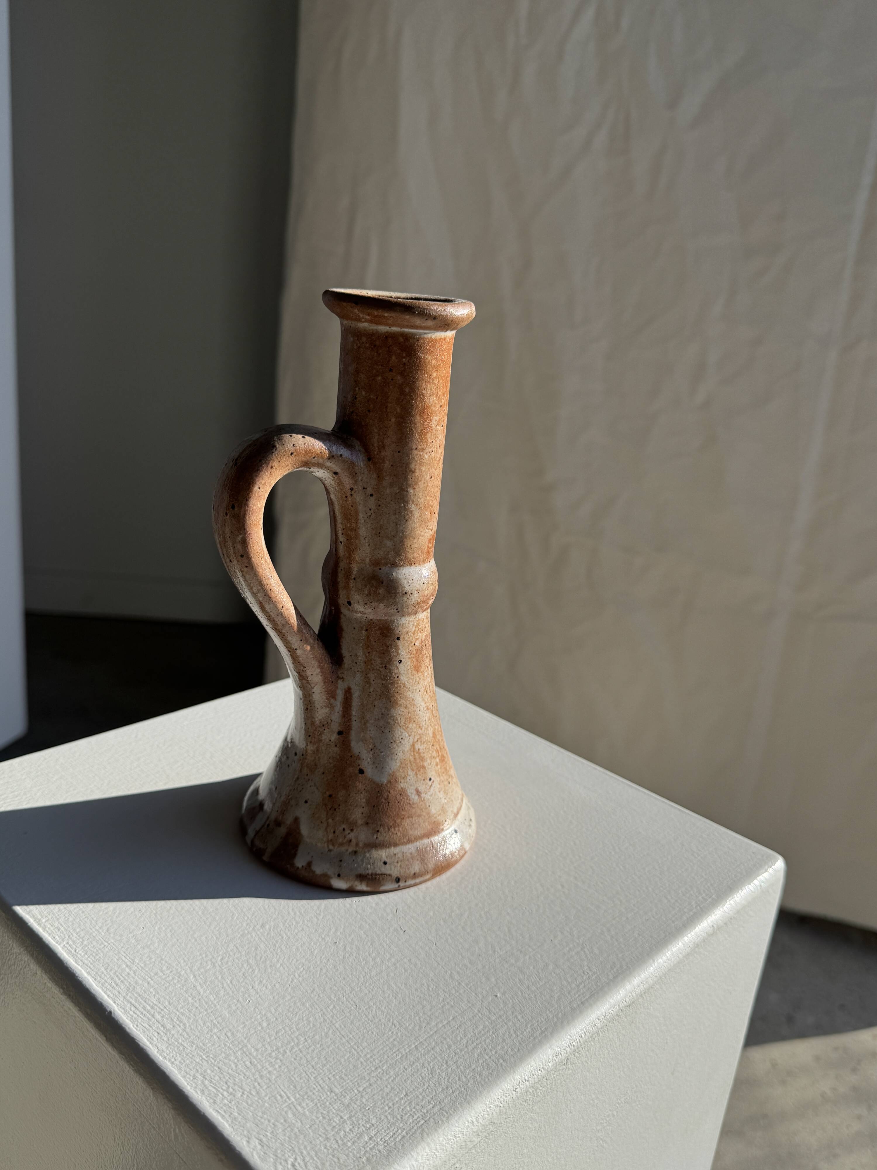 Large antique handmade stoneware candlestick H20