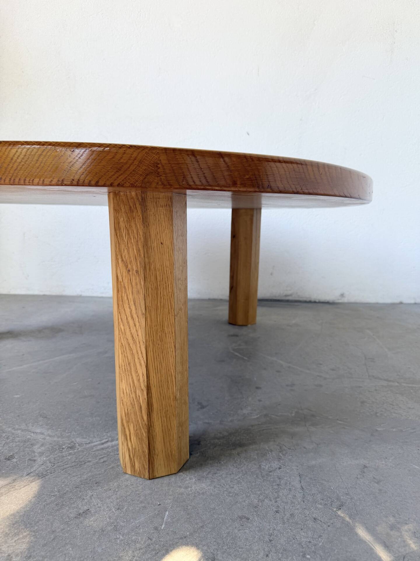 1950s round tripod oak coffee table
