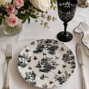 Set of black and white plates in the style of toile de Jouy.