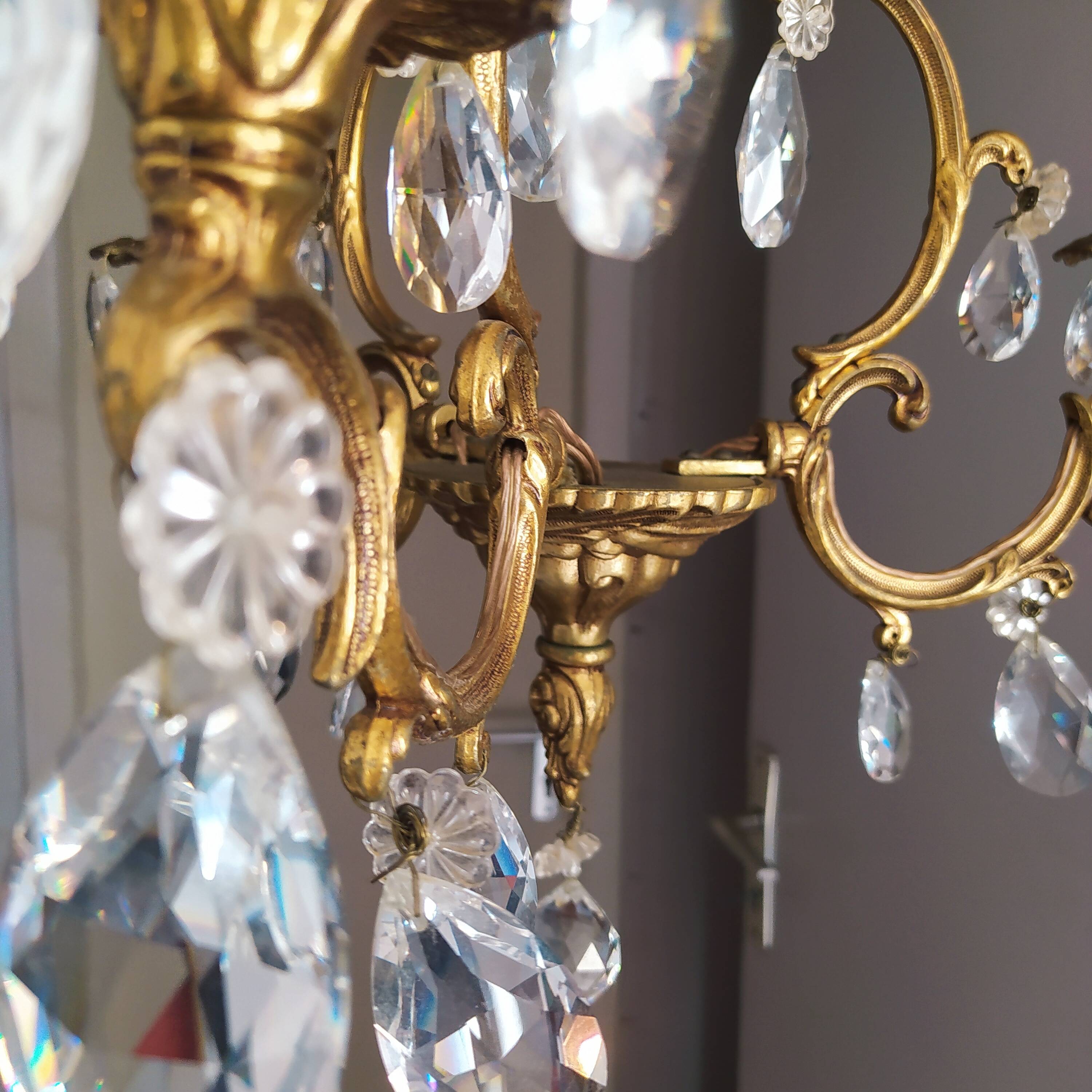 Louis xv bronze chandelier with crystal pendants 3 lights