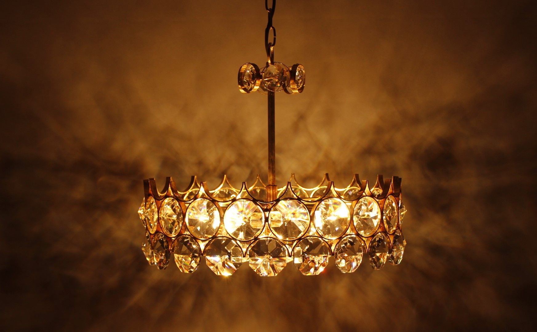 1970s Palwa Chandelier, gold plate and faceted crystals