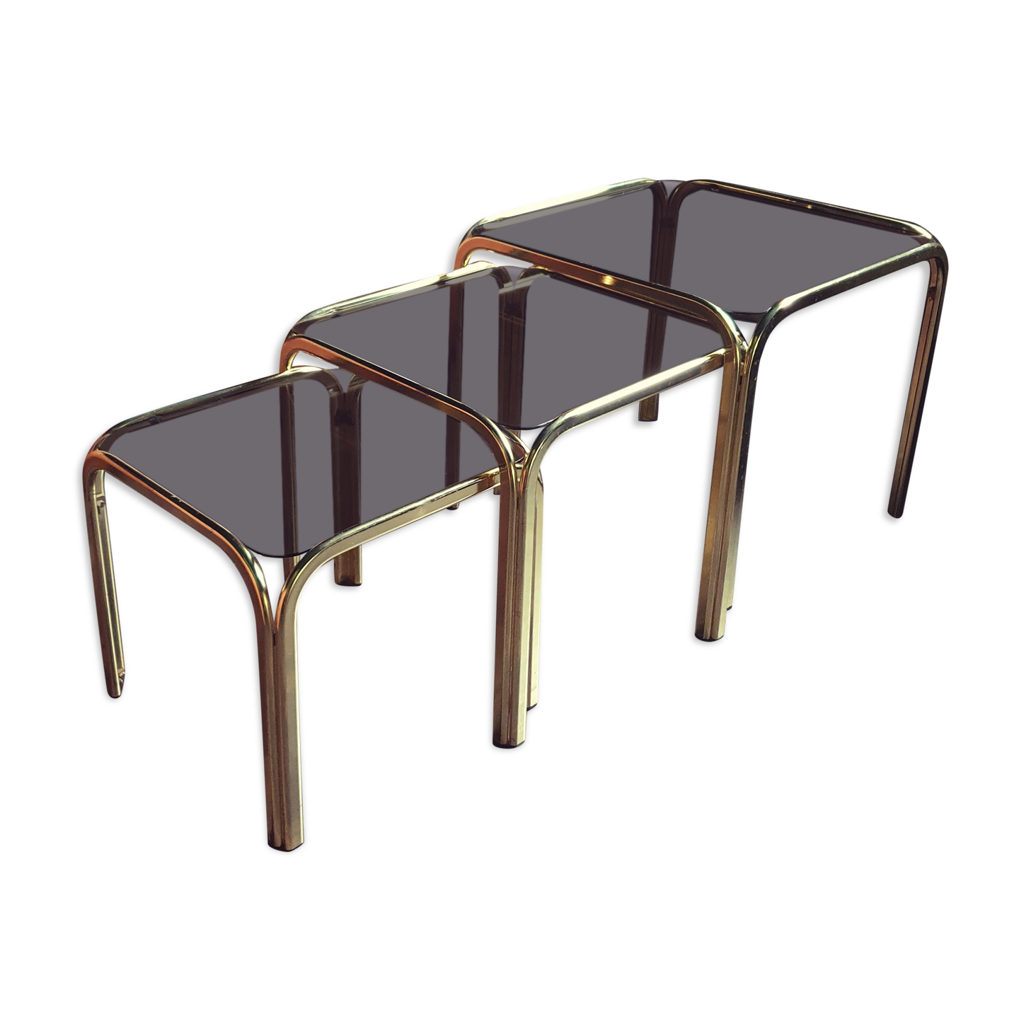 Golden vintage pull-out coffee tables and 70s smoked glass