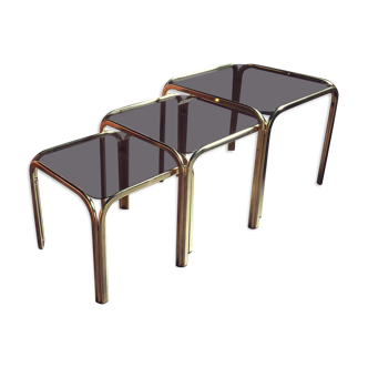 Tables basses gigognes vintage dorées et verre fumé années 70