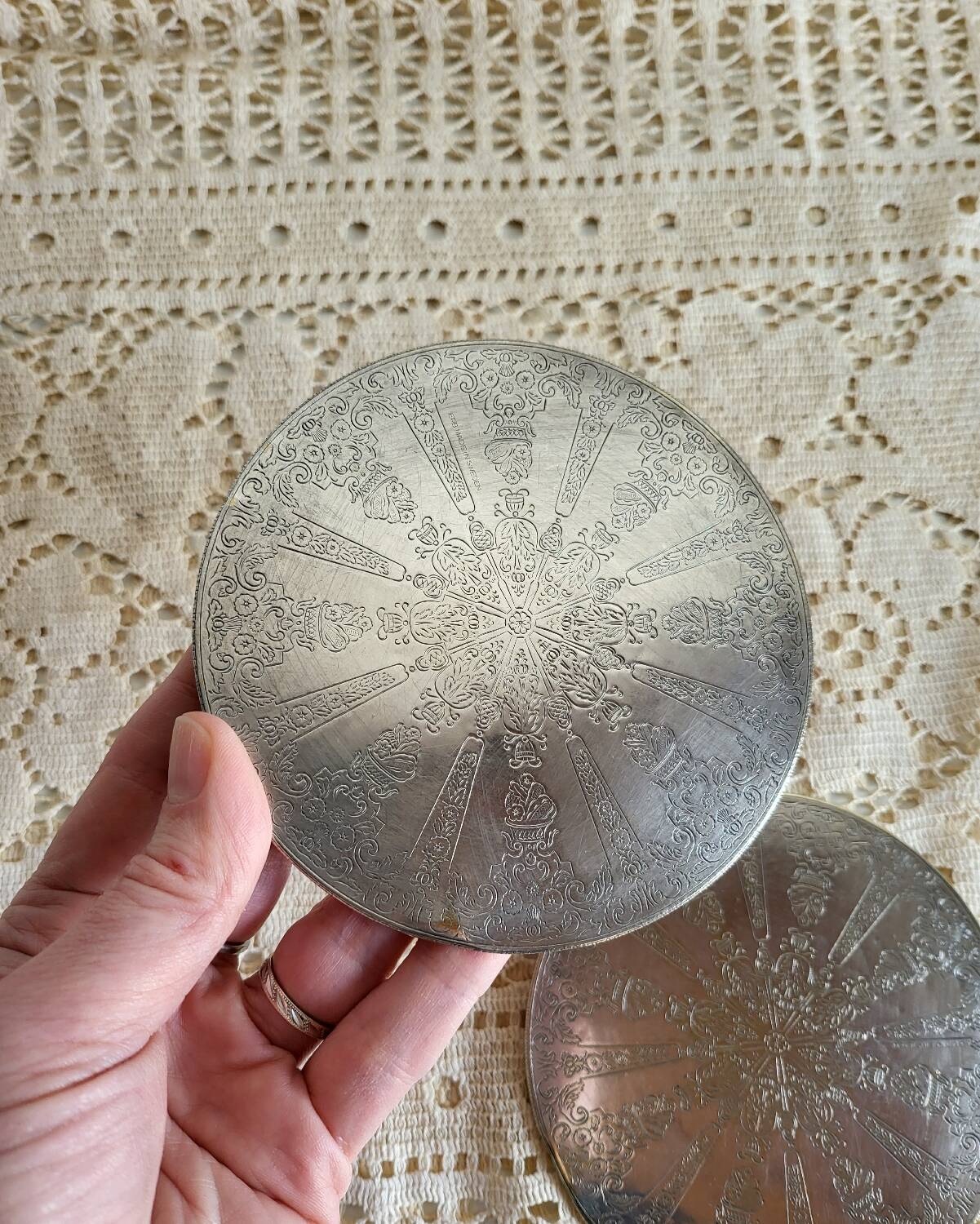 Set of 2 Silver-Plated Metal Coasters for Carafes or Bottles, Swedish