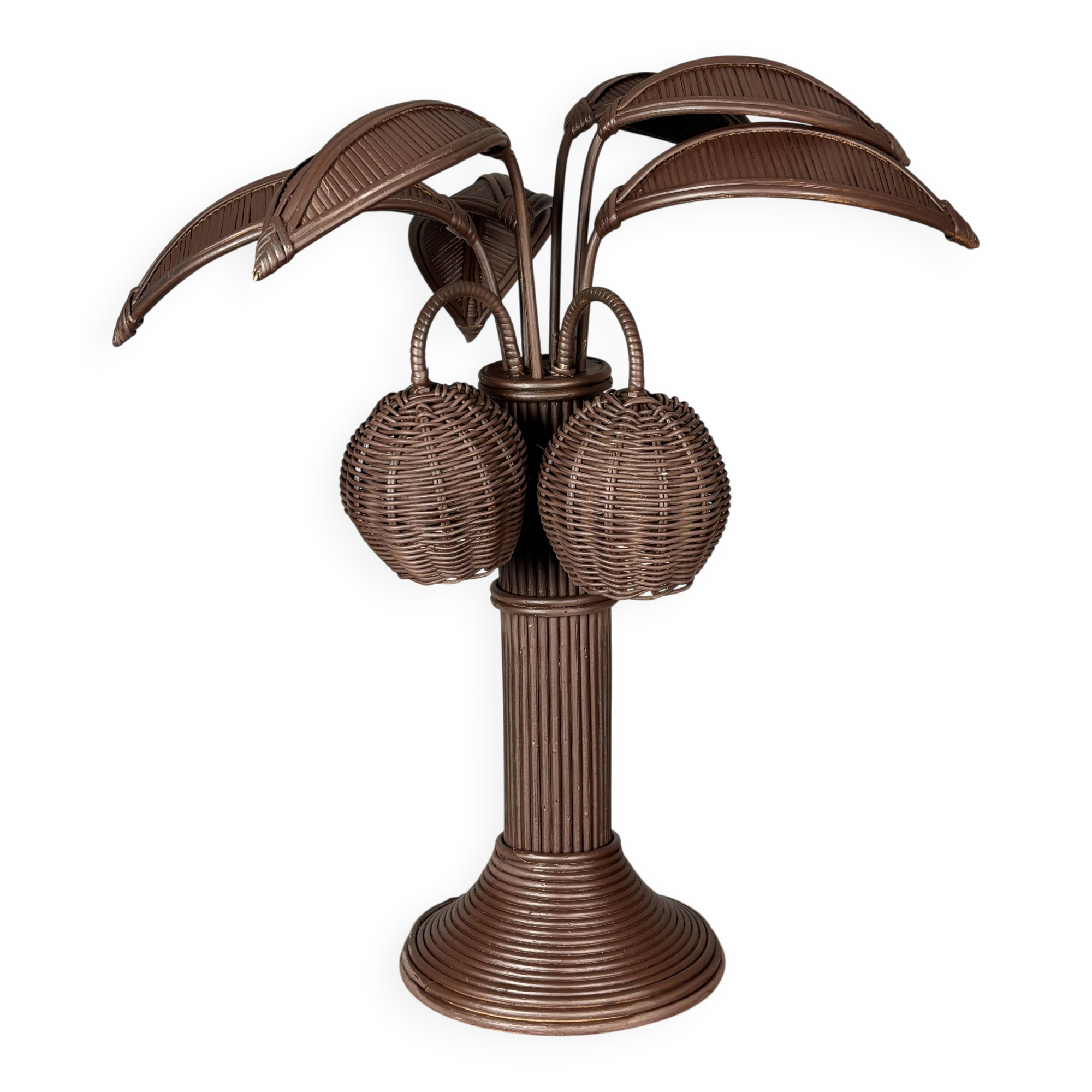 Pencil reed rattan bamboo palm tree coconut table lamp Maro Lopez style 70s