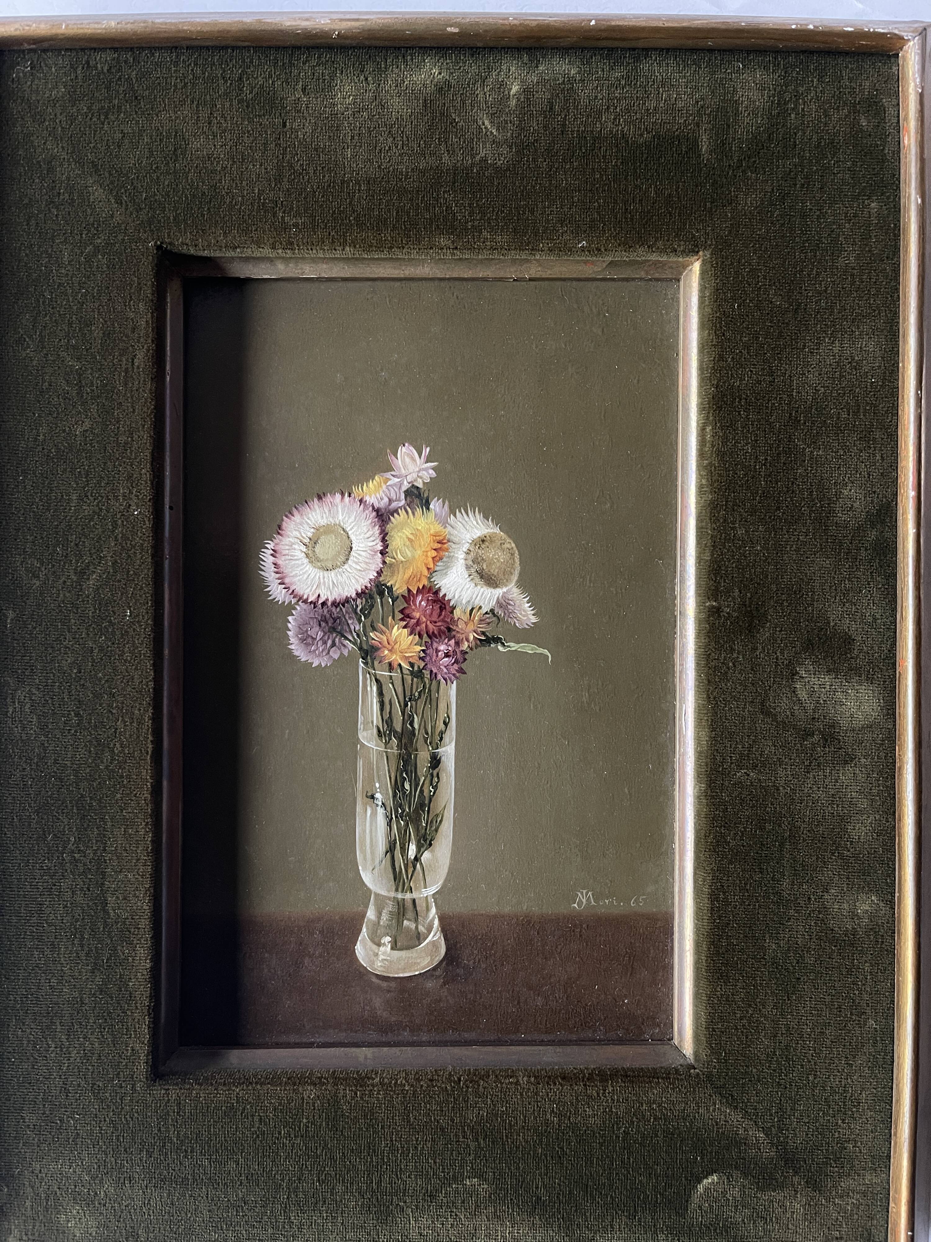 Still life oil on panel vase with immortelles