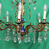 19th-century French gilt bronze chandelier featuring brass flowers and