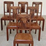 Set of 6 Art Deco chairs in Oak and Walnut with camel leather.
