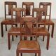Set of 6 Art Deco chairs in Oak and Walnut with camel leather.