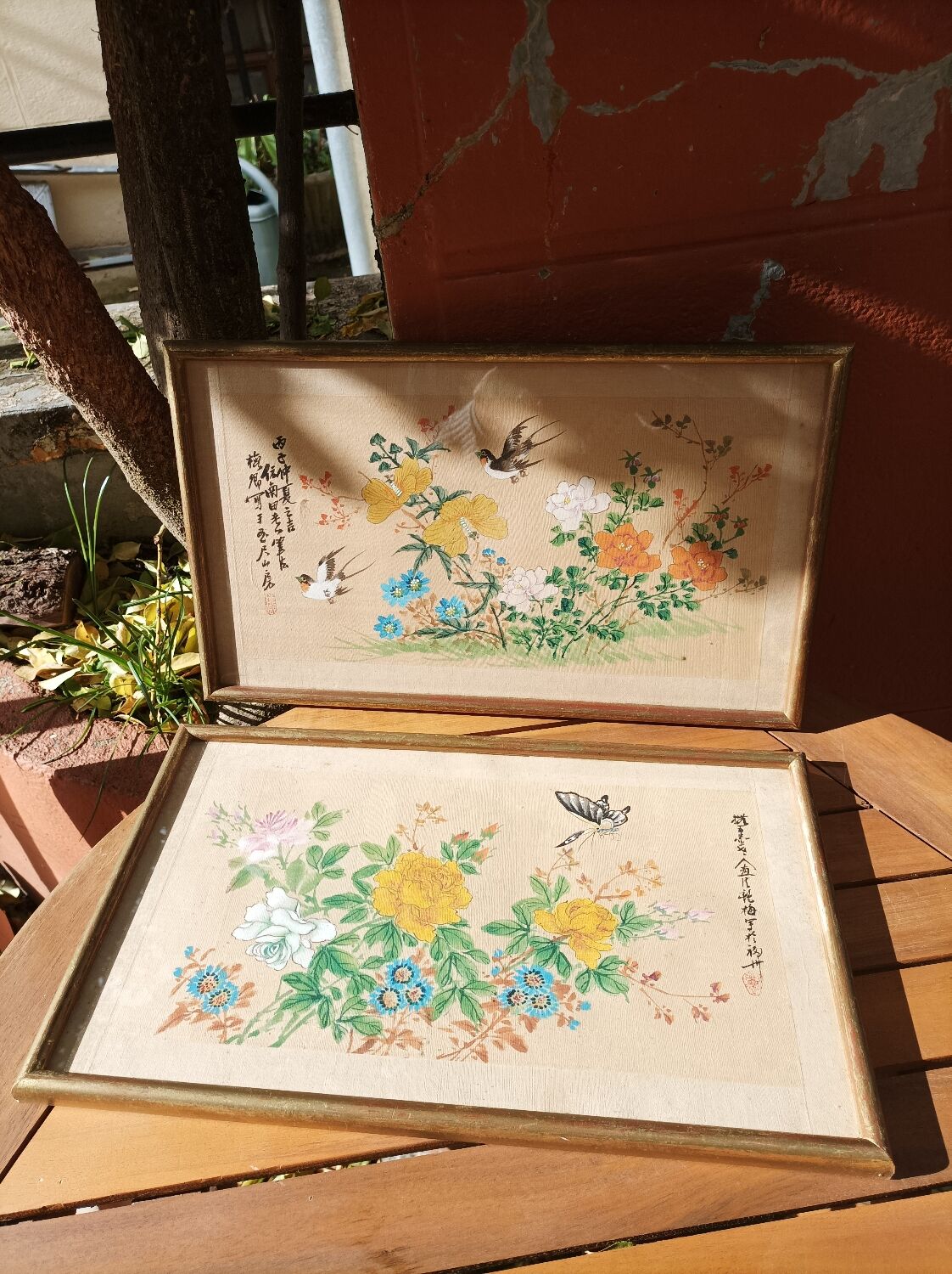 Set of 2 old framed hand-painted canvases signed