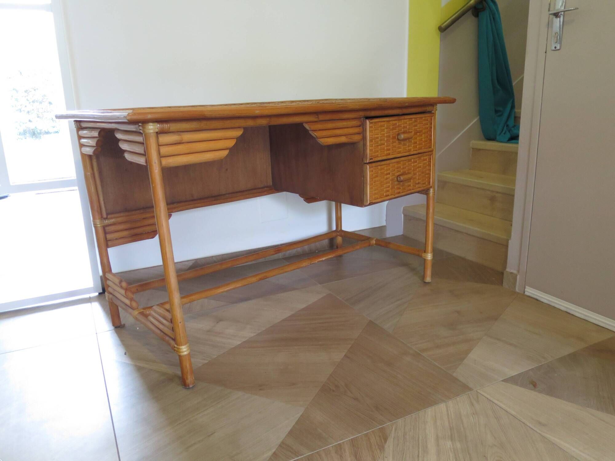 desk - wood-bamboo and woven wicker rattan - 2 drawers - large top - 80