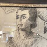 Drawing, framed, woman posing nude charcoal technique, 1930s period