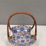 Beautiful small painted ceramic basket with woven handle