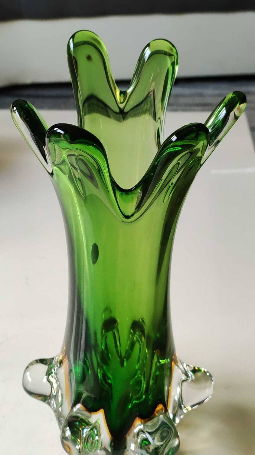 Murano/Flavio Poli vase. Blown art glass, green/amber tones. Organic floral shape. Height 28 cm