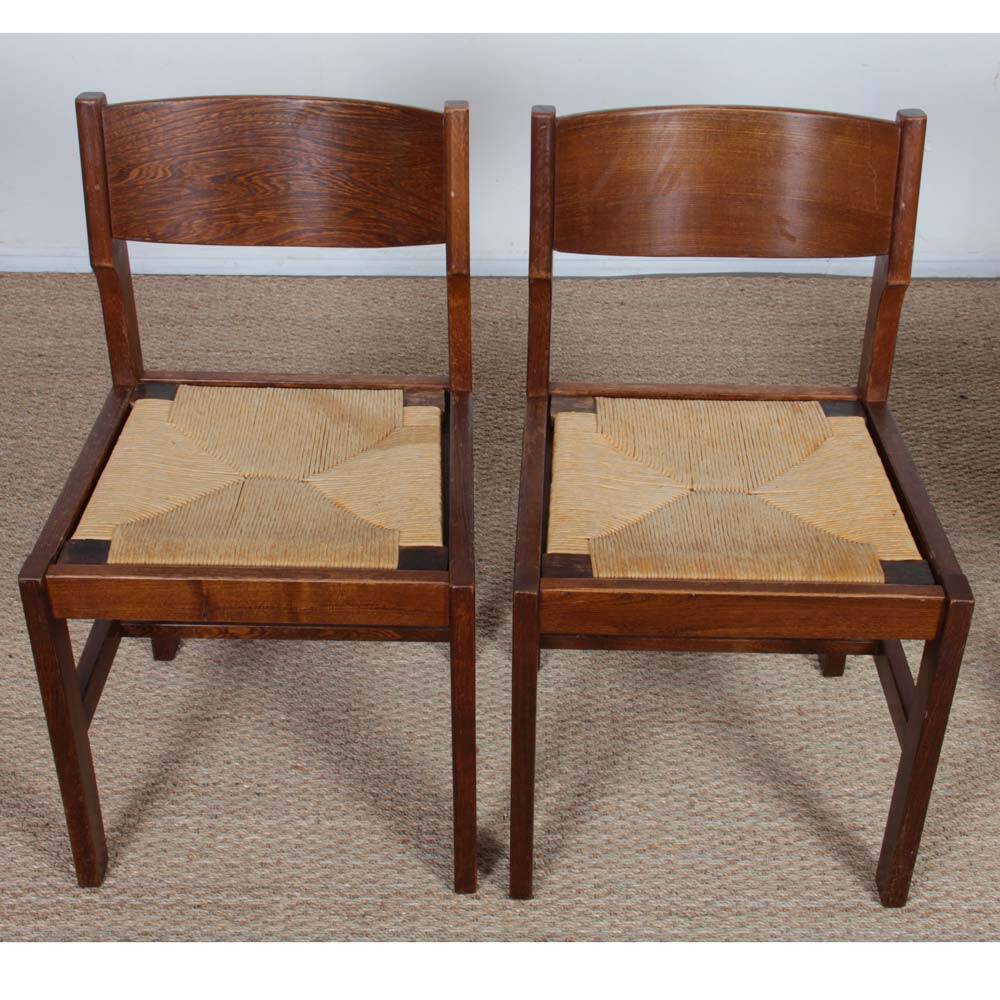 Set of 4 vintage solid wood and straw chairs, 1980