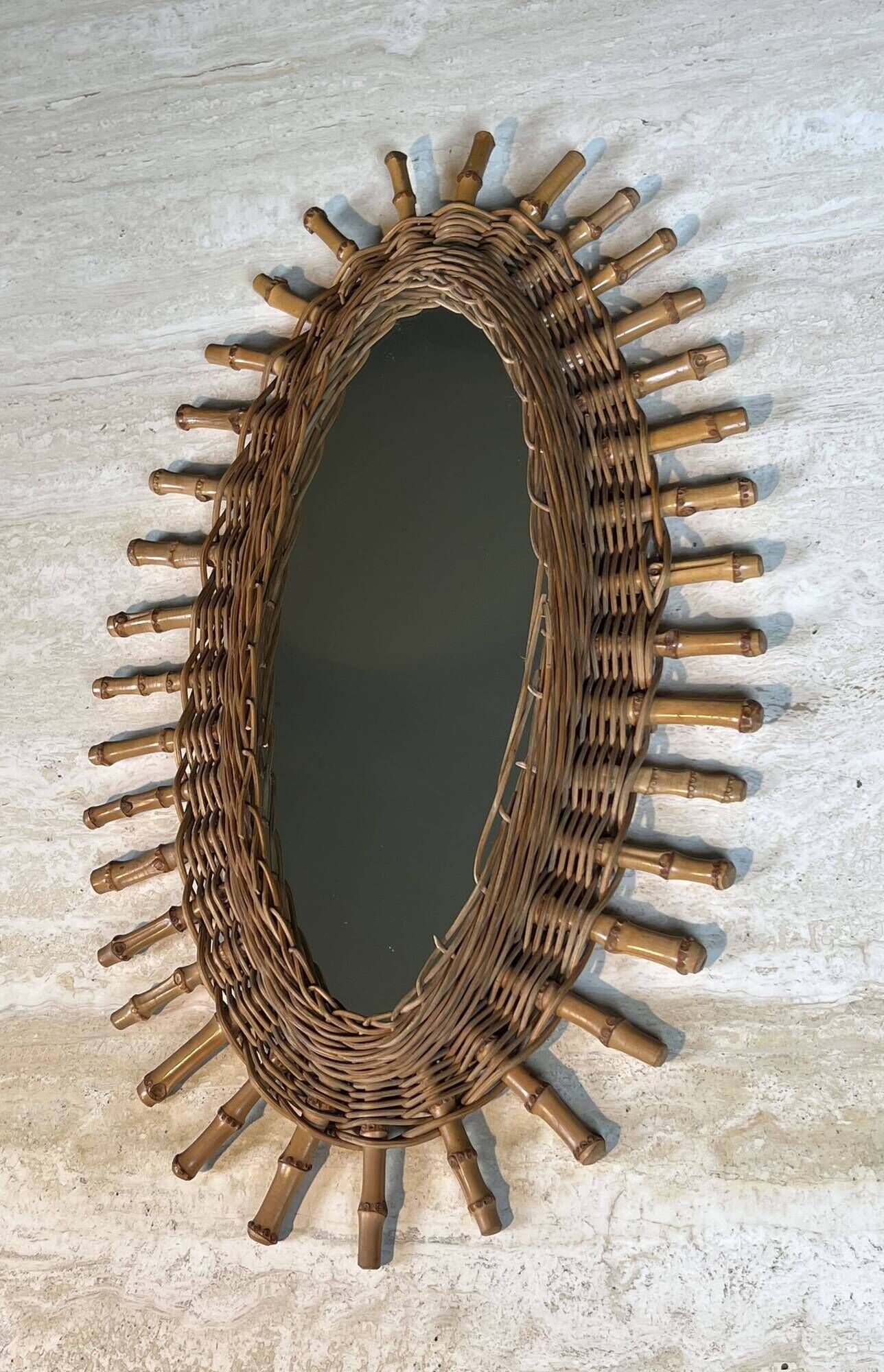 Oval Mirror in Rattan. Woven Willow and Bamboo. French Work from the Riviera.